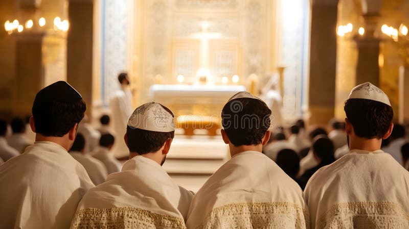 Generative AI : Rear View of Men in White Prayer Shawls in Ornate Synagogue Interior business concept.
