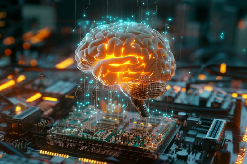Ai generativ reprezentat de un creier holografic strălucitor deasupra circuitelor electronice. vizualizare învățare automată royalty free illustration