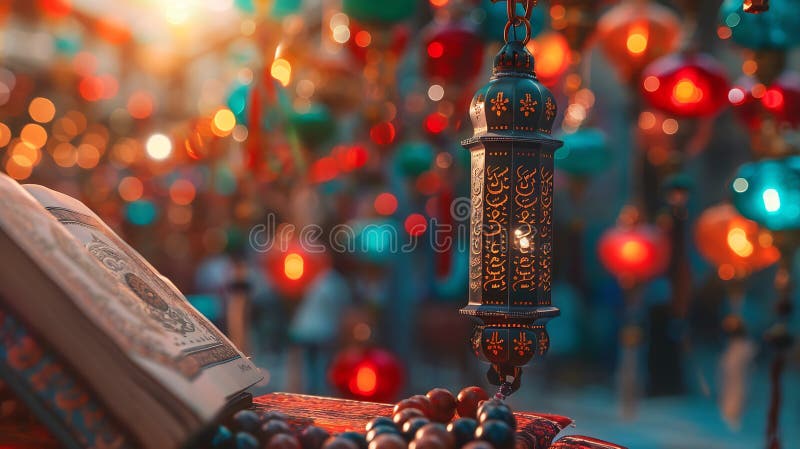 Mărgele rotariene generative și coranul quran în felinarele ramadan colorate în fundal fotografie uskudar stock illustration