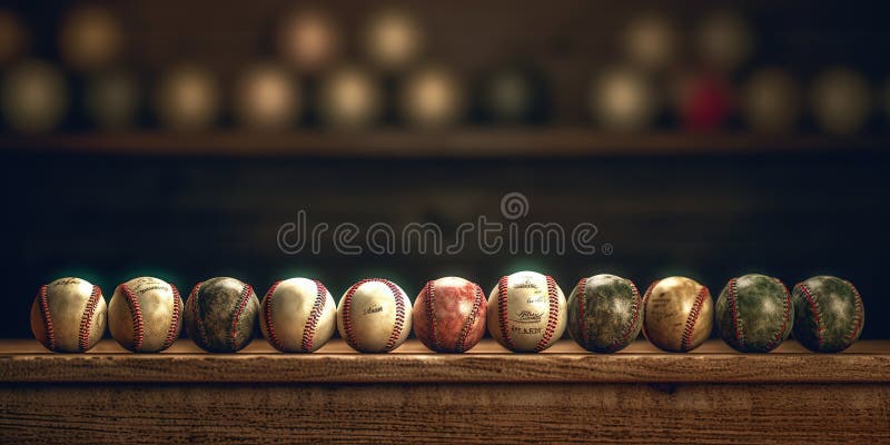 Generative AI, Rough and rugged texture of old baseball balls close up stock image