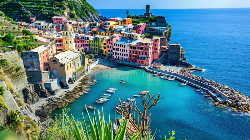 Generative AI Scenic view of colorful village Vernazza and ocean coast in Cinque Terre, Italy business concept.