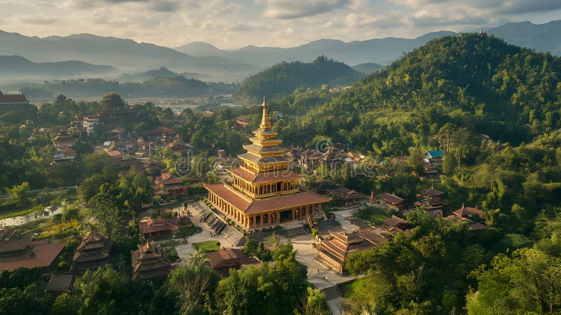 Generative AI serene Luftsicht Majestic Golden Pagoda inmitten üppiger grüner Hügel und schlammiger Berge unter der Wolke vektor abbildung