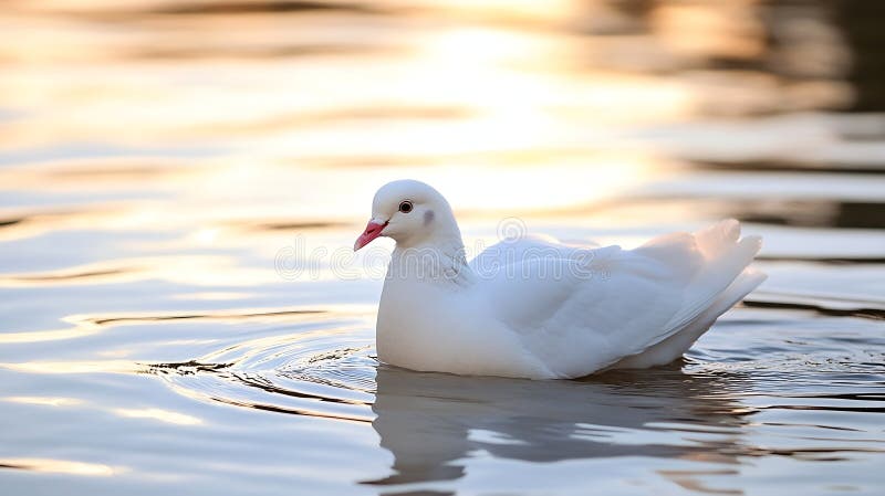 Generative AI Serene White Dove Floating on Calm Water at Sunset Reflection business concept. stock illustration