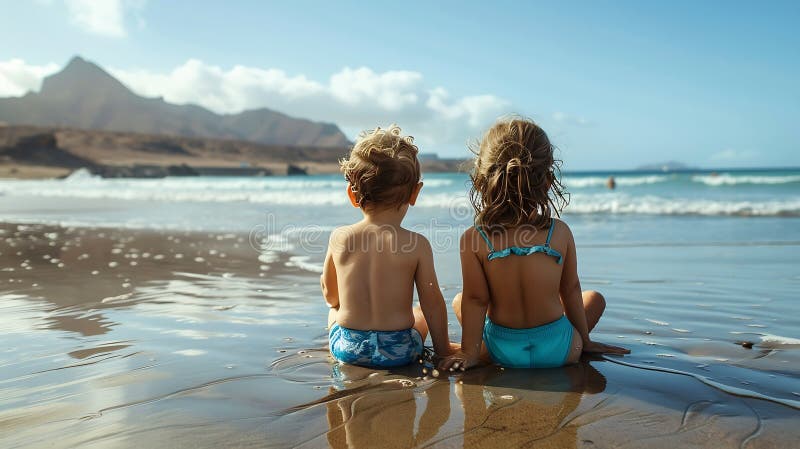 Generative AI Siblings playing on beach sitting in wet sand Rear view of girl and boy in swimsuits on sandy beach vector illustration