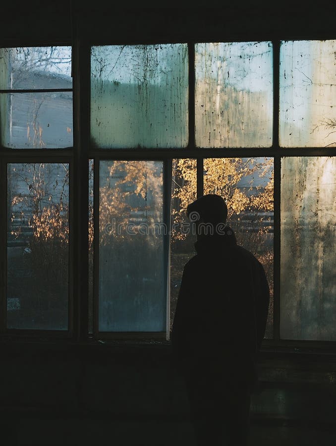 Generative AI : Silhouette of a Lone Figure Gazing Out Through a Window with Beautiful Sunlight Filtering In business concept.