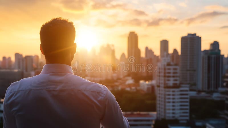Generative AI Silhouette of Man Cieszy się pięknym zachodem słońca nad koncepcją biznesową Bustling City Skyline. zdjęcie stock