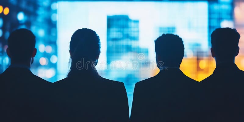 Generative AI Silhouettes dei professionisti che visualizzano i dati digitali durante le riunioni aziendali illustrazione di stock