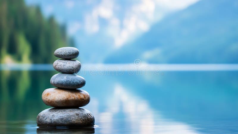 Generative AI Stones Smooth Pebble in pila presso un Lago Tranquil con concetto di business Reflection. immagini stock