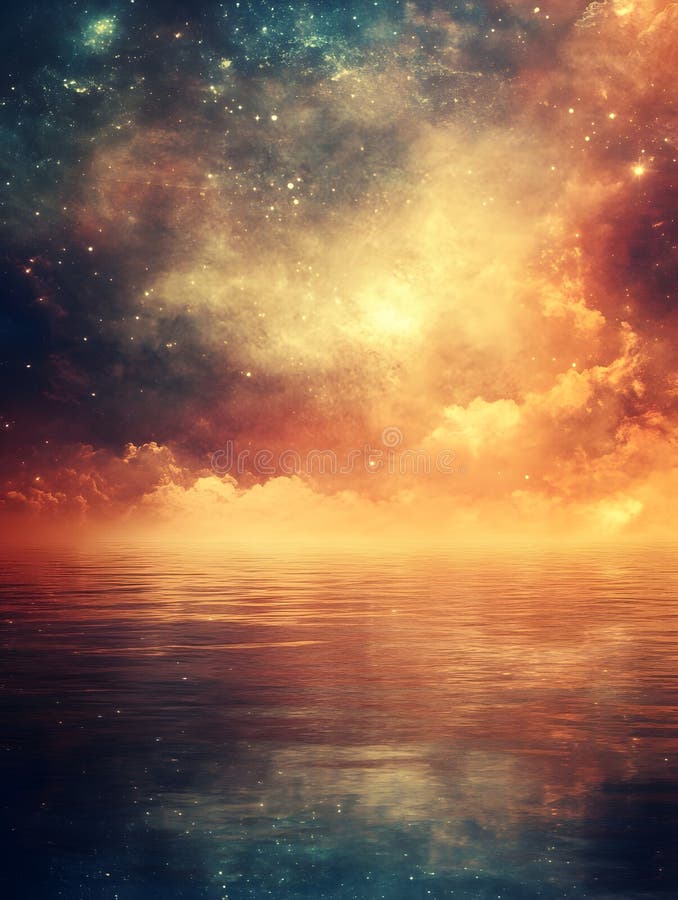 Generative AI Stunning Galaxy Reflection Over Calm Ocean Waters at Twilight business concept. stock photos