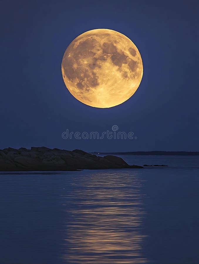 Generative AI Stunning Moonlit Scene Reflecting Full Moon Over Calm Water with Rocks at Night business concept. stock photo