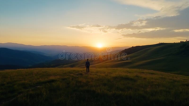 Generative AI Sylwetka osoby stojącej na Hilltop oglądającej piękną koncepcję biznesową Sunset. royalty ilustracja