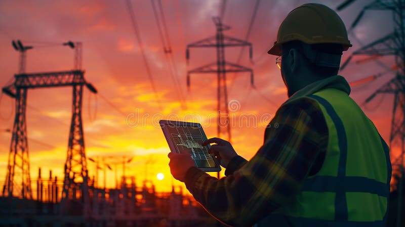Generative AI technology concept with high voltage power lines electrical engineer helmet digital tablet sunset po vector illustration