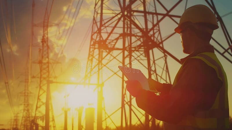 Generative AI technology concept with high voltage power lines electrical engineer helmet digital tablet sunset po stock illustration