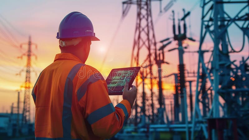 Generative AI technology concept with high voltage power lines electrical engineer helmet digital tablet sunset po stock illustration