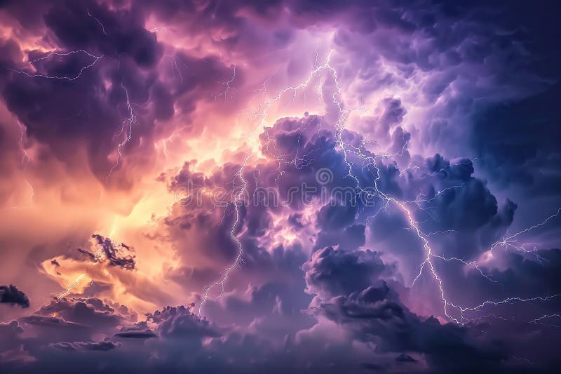 Generative ai on theme of scary bright electric lightning bolt with branches in the night dark sky royalty free stock photo