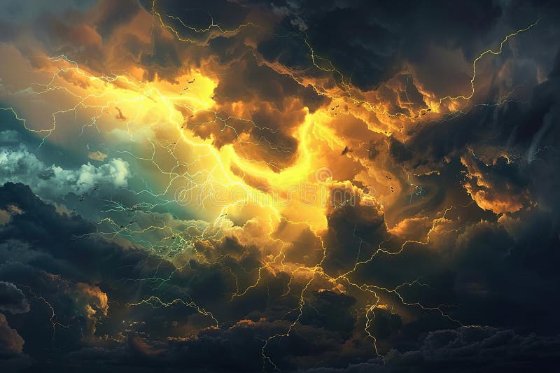 Generative ai on theme of scary bright electric lightning bolt with branches in the night dark sky stock images