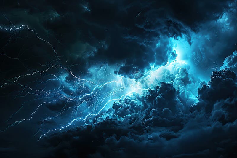 Generative ai on theme of scary bright electric lightning bolt with branches in the night dark sky stock image