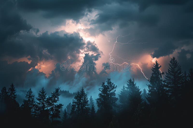 Generative ai on theme of scary bright electric lightning bolt with branches in the night dark sky royalty free stock photo