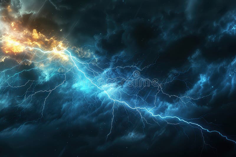 Generative ai on theme of scary bright electric lightning bolt with branches in the night dark sky stock images