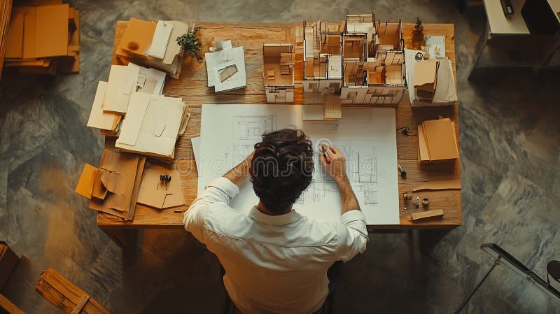 Generative ai top Ansicht erfahrener Bauingenieur sitzt und schreibt Idee während Blick auf Haus Modell Luft stock abbildung