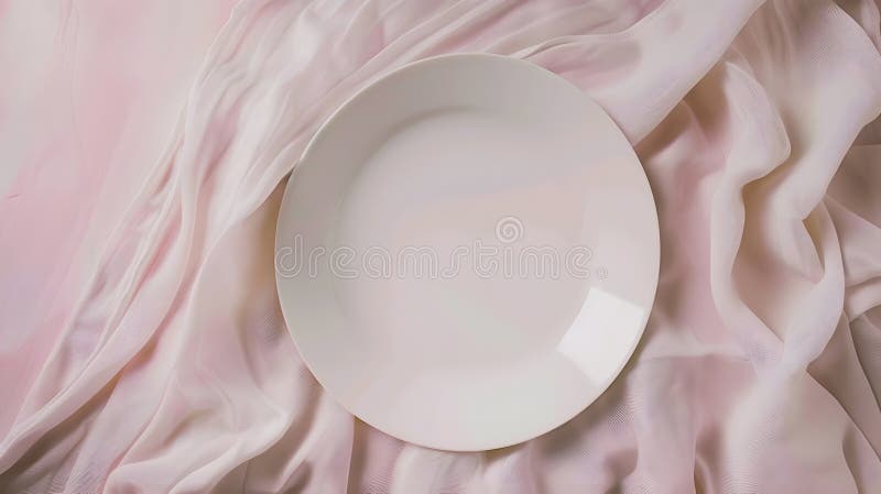 Generative AI Top view on colored background empty round white plate on tablecloth for food Empty dish on napkin w stock photography