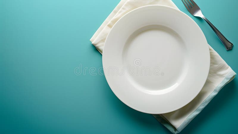 Generative AI Top view on colored background empty round white plate on tablecloth for food Empty dish on napkin w stock photo