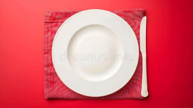 Generative AI Top view on colored background empty round white plate on tablecloth for food Empty dish on napkin w stock illustration