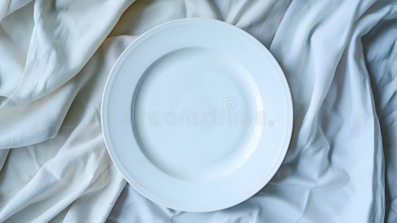 Generative AI Top view on colored background empty round white plate on tablecloth for food Empty dish on napkin w stock photography