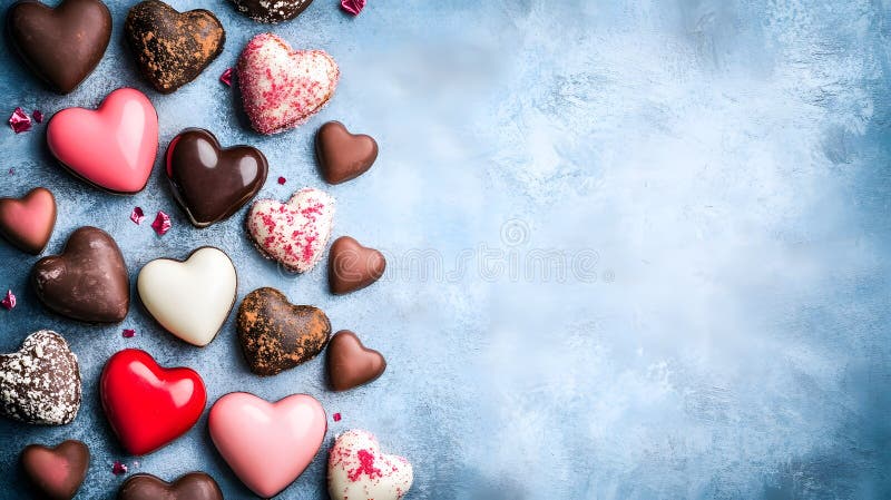 Generative AI Top View Heart Assorted Chocolates on Blue Textured Background for Romantic Display business concept vector illustration