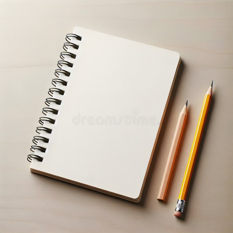 Generative AI Top view of open spiral blank paper notebook with two pencils royalty free illustration