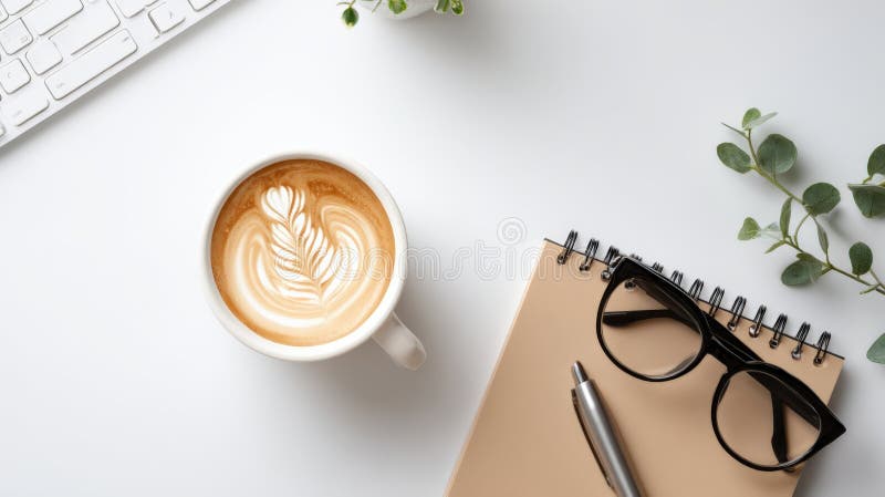 Generative AI Top View Workspace with Coffee Latte Art Notebook Glasses Keyboard and Greenery on a White Backgroun royalty free illustration