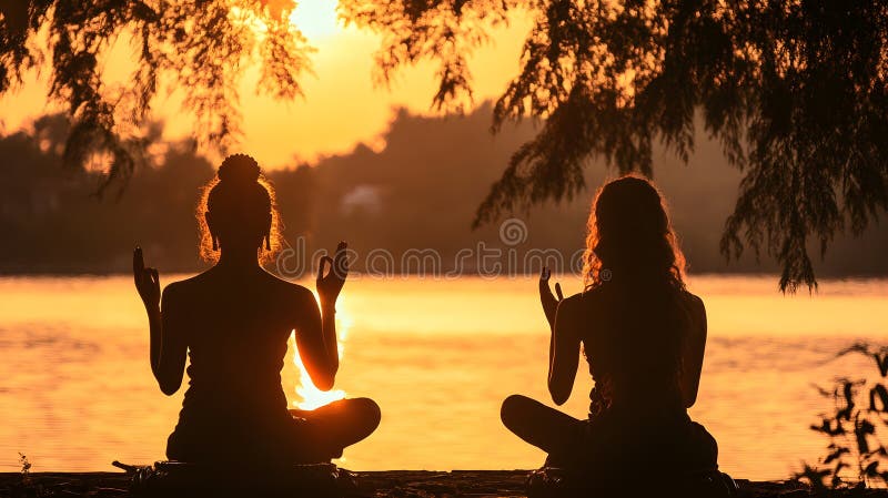 Generative AI : Two people practicing meditation by the lake at sunset in serene setting business concept.