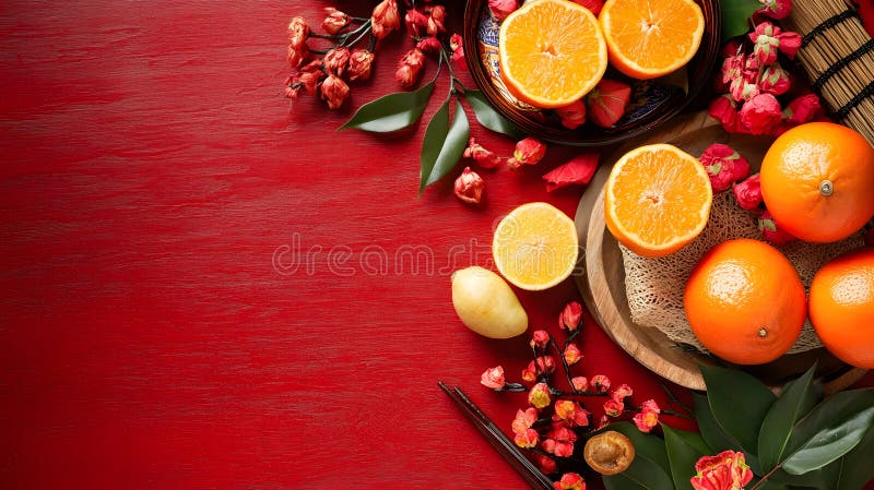 Generative AI Vibrant Citrus and Blossom Arrangement on Red Background for saisonale Festive Deco Business Concept. Generative AI : Lebhaftes Citrus- und Blossom-Übereinkommen über den roten Hintergrund für das saisonale festliche Dekorationskonzept.