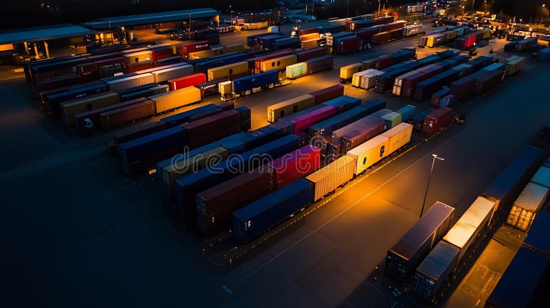 Generative AI Vibrant Night Scene eines geschäftigen Containerterminal Aerial View Business Concept. stock abbildung