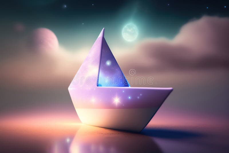 Generative Hilfe : Fantasy Paper Boot in einer magischen Landschaft segeln stock abbildung