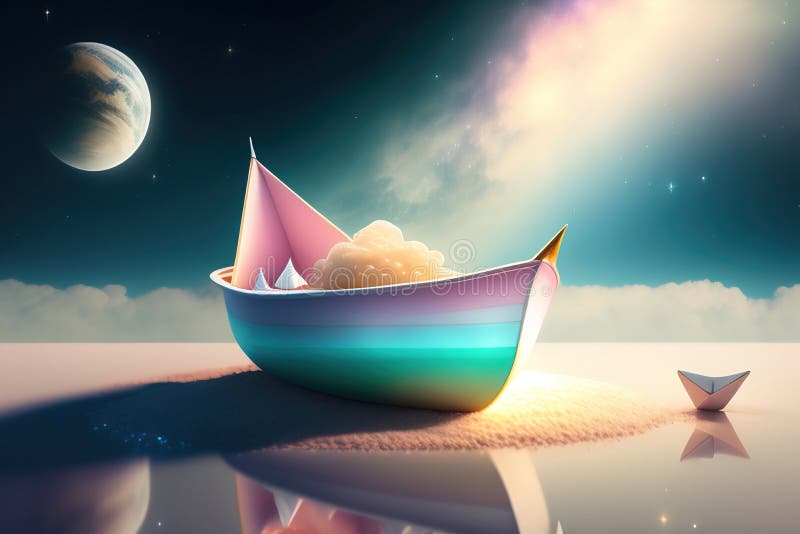 Generative Hilfe : Fantasy Paper Boot in einer magischen Landschaft segeln vektor abbildung