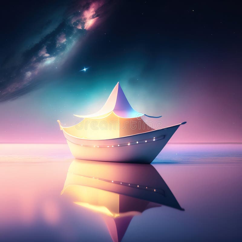 Generative Hilfe : Fantasy Paper Boot in einer magischen Landschaft segeln stock abbildung