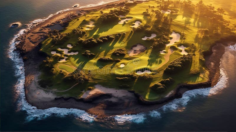 Generative IA illustration of a golf field and ocean vector illustration