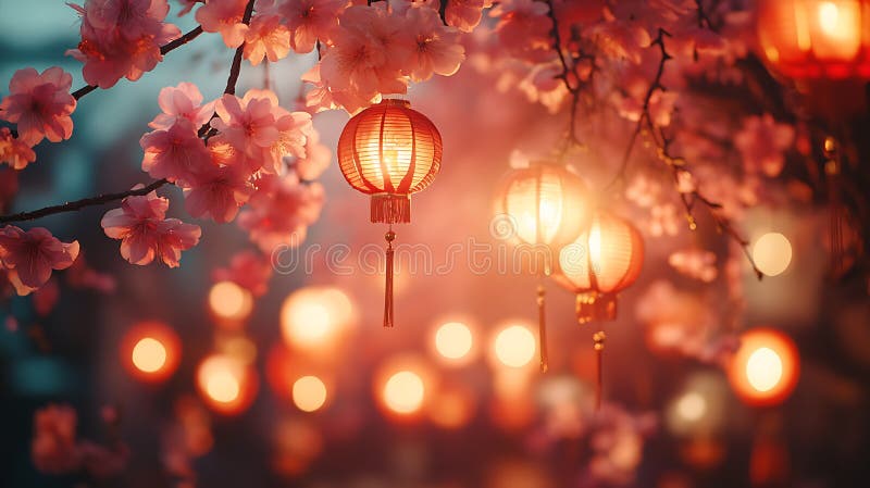 Generative image of dragon with lanterns decoration in chinese new year cherry blossoms illustrazione vettoriale