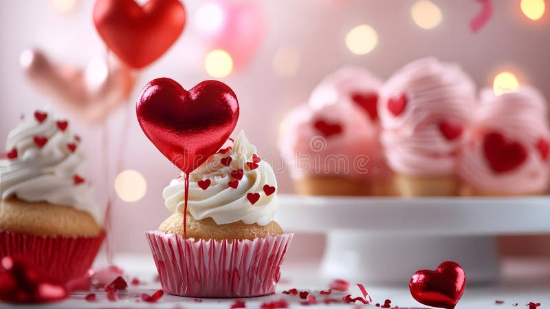 Generative KI-bezaubernde Cupcakes mit metallischen Herztopfern und rosa Frost für besondere Feiern zusammen stockbilder