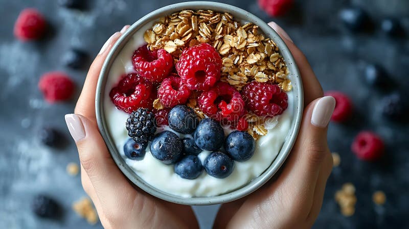 Generative KI Weibchen halten gesundes Frühstücksschale Yogurt granola muesli Frischbeeren Geschäftskonzept. stock abbildung