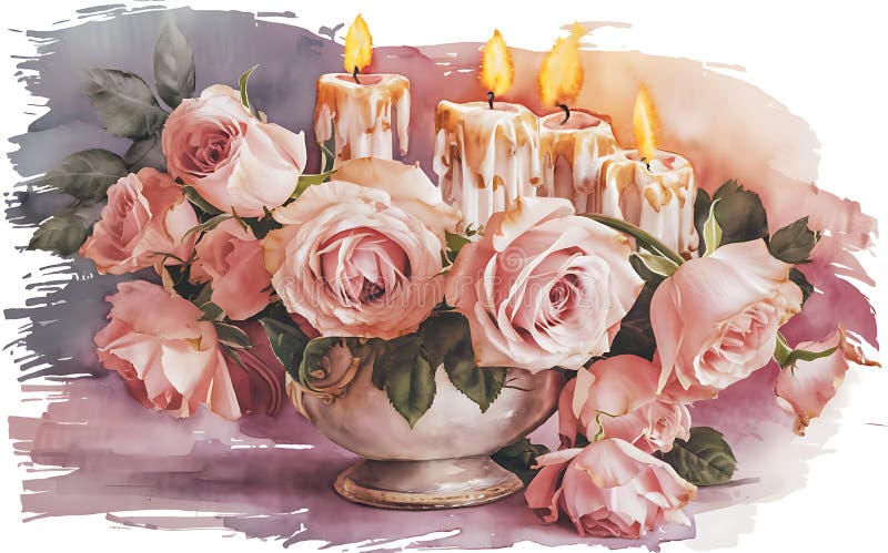 Generativeai künstlerische Aquarellbilder von Rosen und Kerzen mit sanfter romantischer Atmosphäre stock abbildung