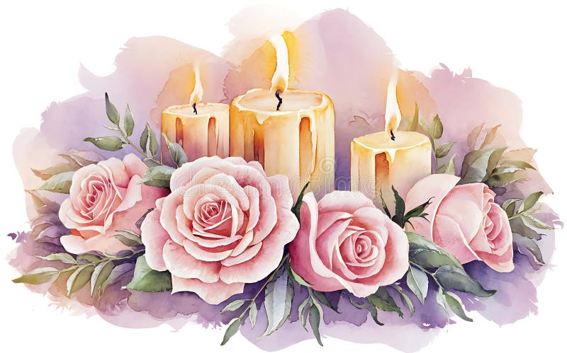 Generativeai künstlerische Aquarellbilder von Rosen und Kerzen mit sanfter romantischer Atmosphäre lizenzfreie abbildung