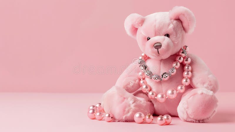 Generatives ai Creative Layout mit rosa Teddy Bär mit Luxus Schmuck auf pastellrosa Hintergrund 80er oder 90er Jahre Retro. Generative Hilfe : kreatives Layout mit rosa Teddybär mit luxuriösem Schmuck auf pastellrosa Hintergrund 80er oder 90er Retro Mode oder Lebensstil Konzept romantische trendige Idee Business con