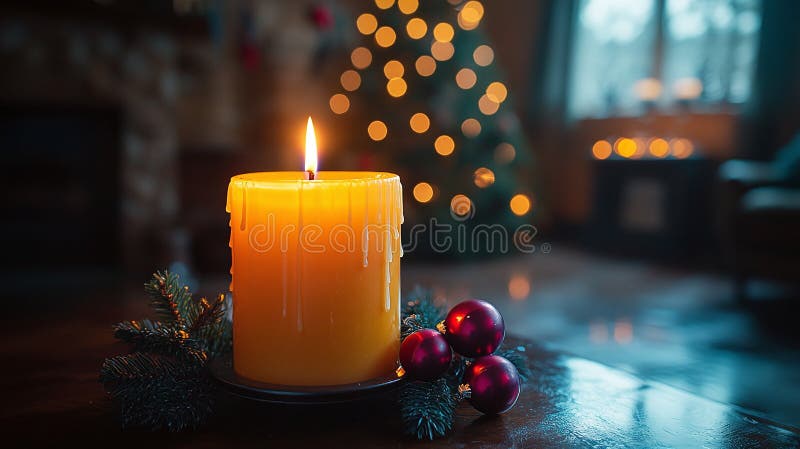 Generatives AI-Image bei der Schmelze von Lighted Candle in einem dunklen Raum mit Weihnachtsball-Dekoration lizenzfreie abbildung