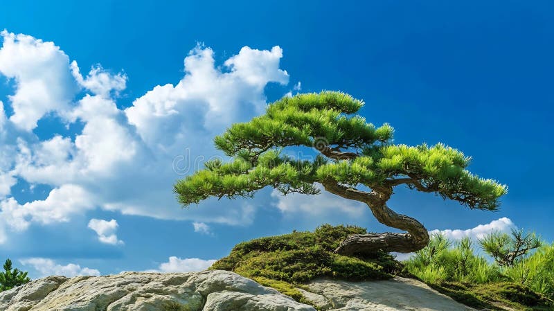 Generativo árbol de AI Majestic bonsai de pie orgullosamente sobre rocas contra un claro concepto de negocios del cielo azul. imagen de archivo