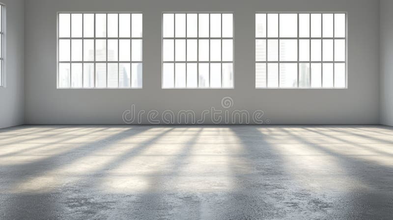 A spacious white room with three large windows and a concrete floor. Generato dall'AI