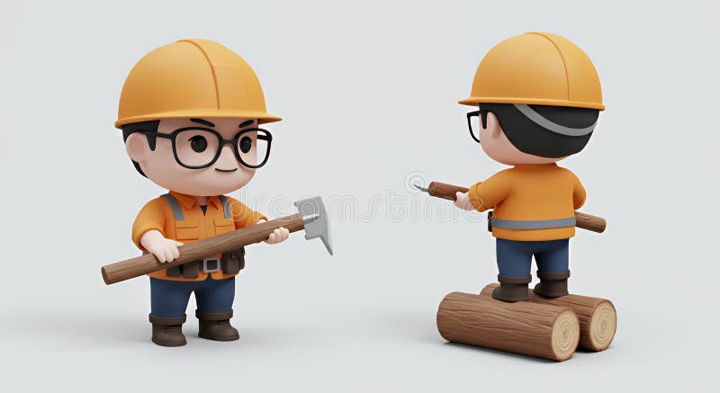 Generatore 3D allegro di Chibi Korean Logger Character con Ax e Logs isolati su sfondo bianco illustrazione vettoriale