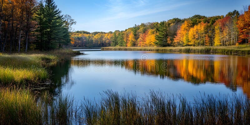 Generația AI Idyllic Autumn Forest Reflectată într-un Liniștit Lake Under a Clear Blue Sky business concept. stock illustration