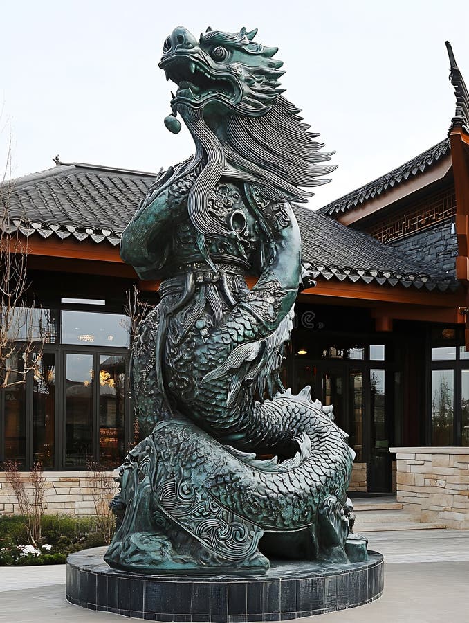 Generația AI Magnificent Bronze Dragon Statuie Paza Intrarea Templului în Arhitectura Tradițională Asiatică royalty free illustration